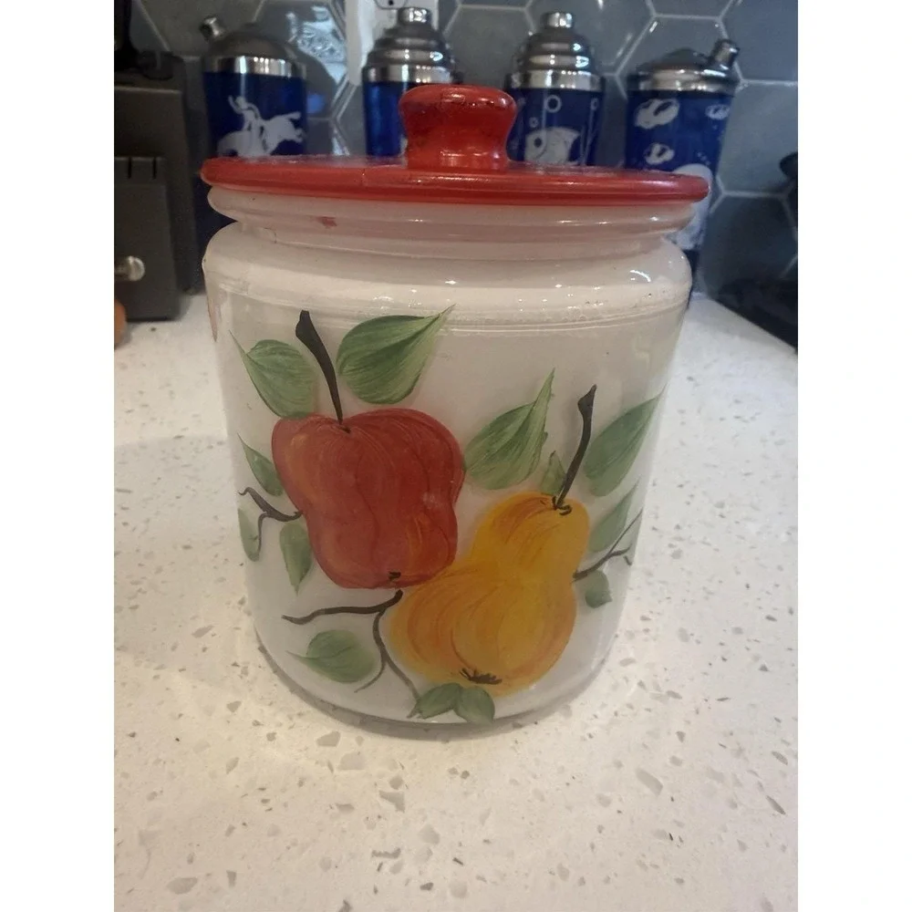 Anchor Hocking Mid Century Hand Painted Double Sided Fruit Flower Glass Canister